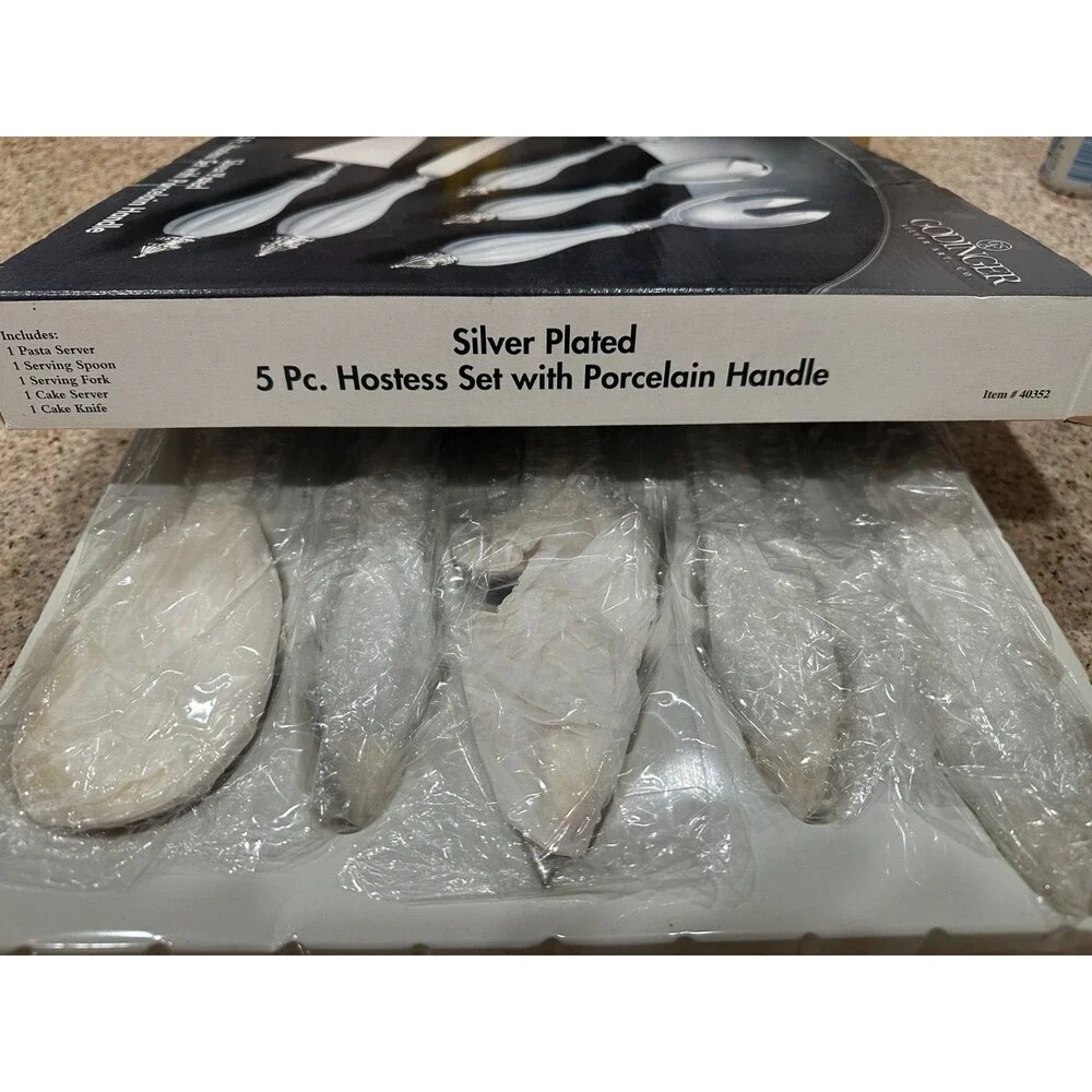Godinger silver plated 5pc set Porcelin handle - Original Packaging